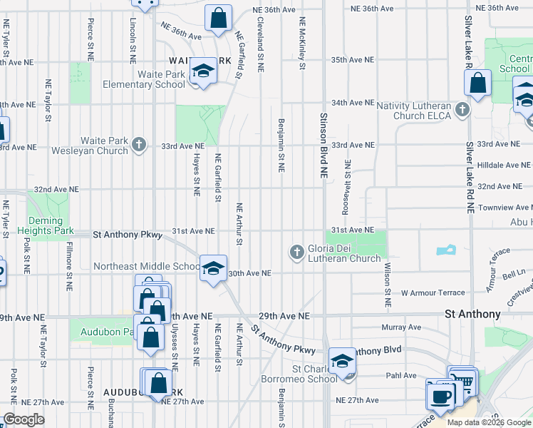map of restaurants, bars, coffee shops, grocery stores, and more near 3146 Northeast Cleveland Street in Minneapolis