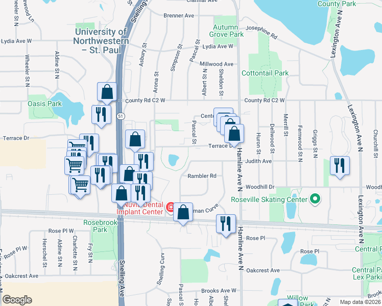 map of restaurants, bars, coffee shops, grocery stores, and more near 1425 Terrace Drive in Roseville