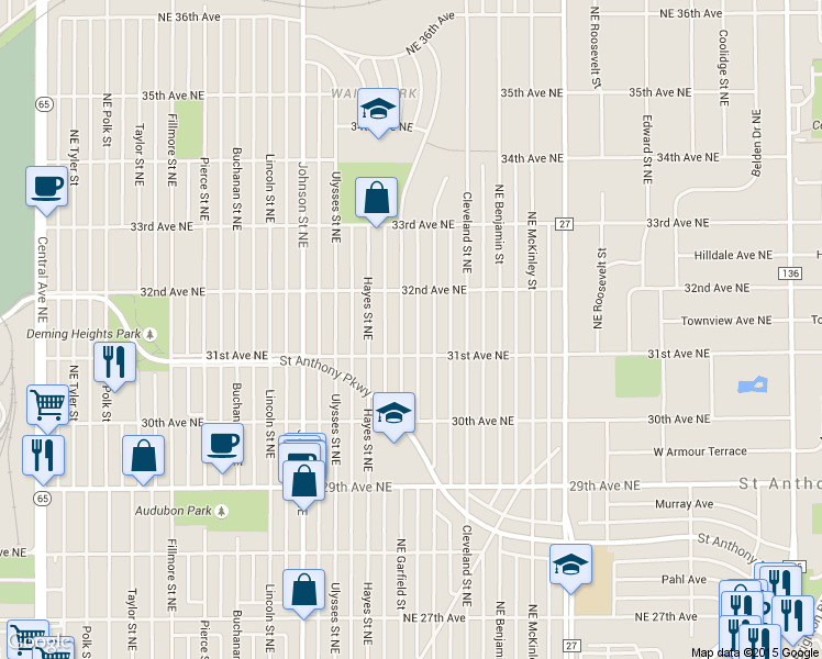 map of restaurants, bars, coffee shops, grocery stores, and more near 3150 Northeast Arthur Street in Minneapolis