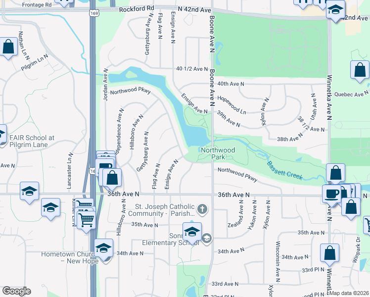 map of restaurants, bars, coffee shops, grocery stores, and more near 8932 Northwood Parkway in Minneapolis