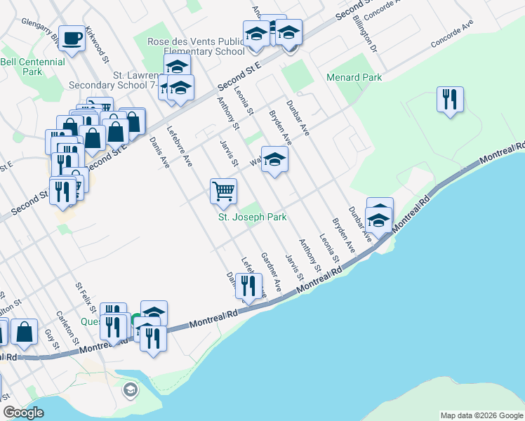 map of restaurants, bars, coffee shops, grocery stores, and more near Jarvis Street in Cornwall