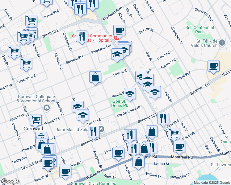 map of restaurants, bars, coffee shops, grocery stores, and more near 505 Fourth Street East in Cornwall