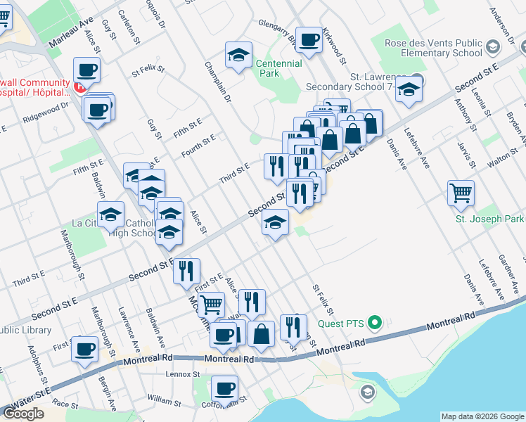 map of restaurants, bars, coffee shops, grocery stores, and more near 1205 Second Street East in Cornwall