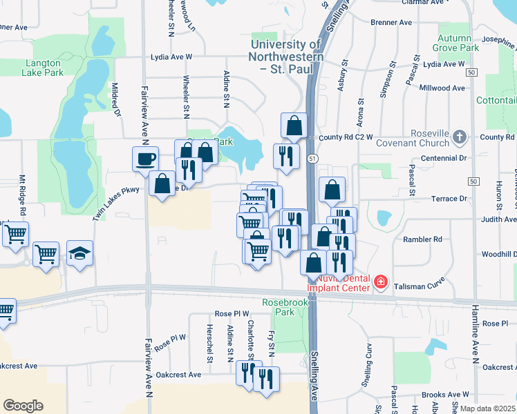 map of restaurants, bars, coffee shops, grocery stores, and more near 2705 Lincoln Drive in Roseville