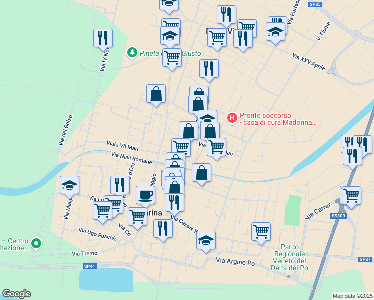 map of restaurants, bars, coffee shops, grocery stores, and more near 1 Via Nello Fregnan in Porto Viro