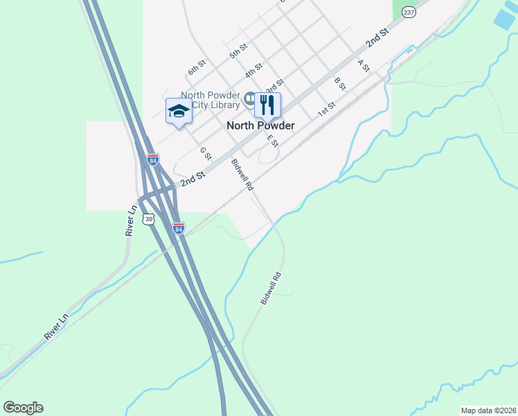 map of restaurants, bars, coffee shops, grocery stores, and more near River Street in North Powder