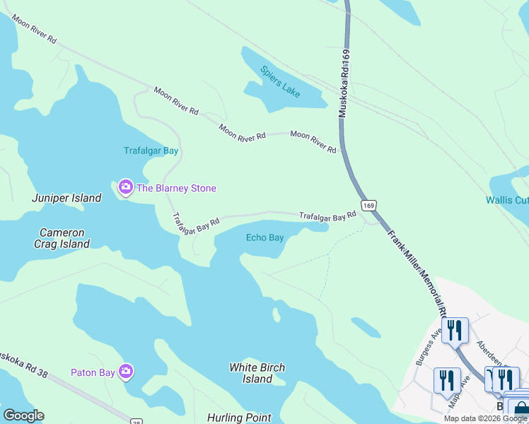 map of restaurants, bars, coffee shops, grocery stores, and more near Trafalgar Bay Road in Muskoka District Municipality