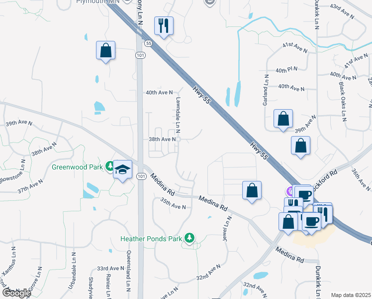 map of restaurants, bars, coffee shops, grocery stores, and more near 3750 Lawndale Lane North in Plymouth