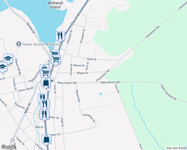 map of restaurants, bars, coffee shops, grocery stores, and more near 80 Maple Street in Dexter