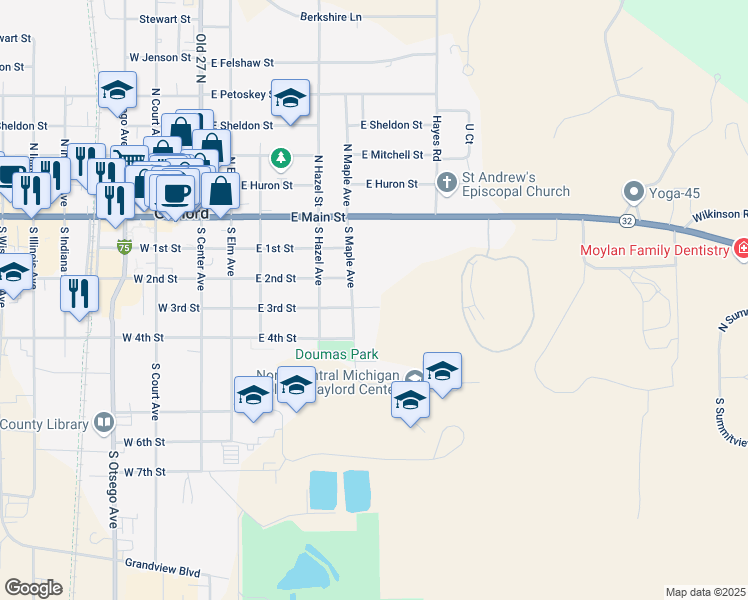 map of restaurants, bars, coffee shops, grocery stores, and more near 511 East 3rd Street in Gaylord