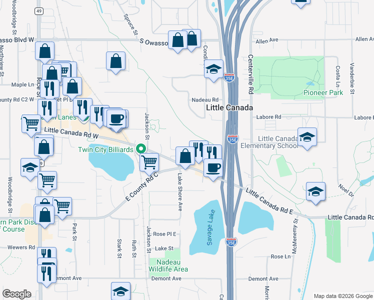 map of restaurants, bars, coffee shops, grocery stores, and more near 183 Little Canada Road East in Little Canada