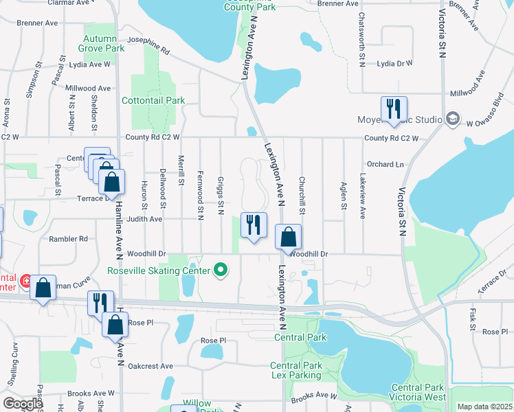 map of restaurants, bars, coffee shops, grocery stores, and more near 2801 Lexington Avenue North in Roseville