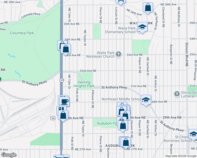 map of restaurants, bars, coffee shops, grocery stores, and more near 3150 Pierce Street Northeast in Minneapolis