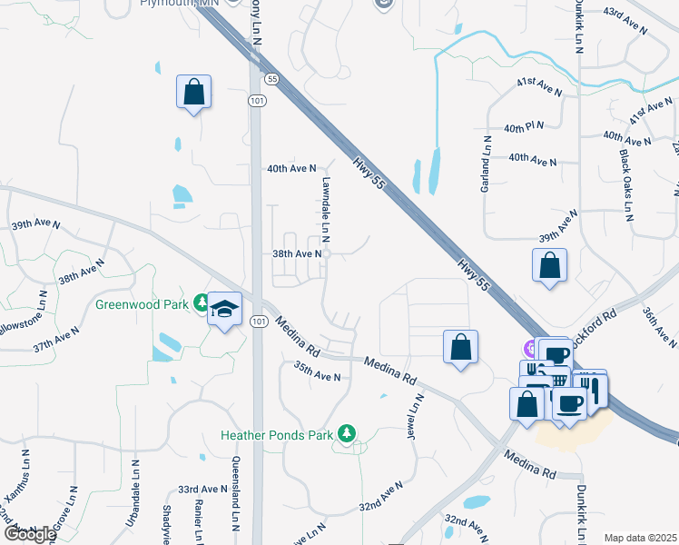 map of restaurants, bars, coffee shops, grocery stores, and more near 17601 38th Avenue North in Minneapolis