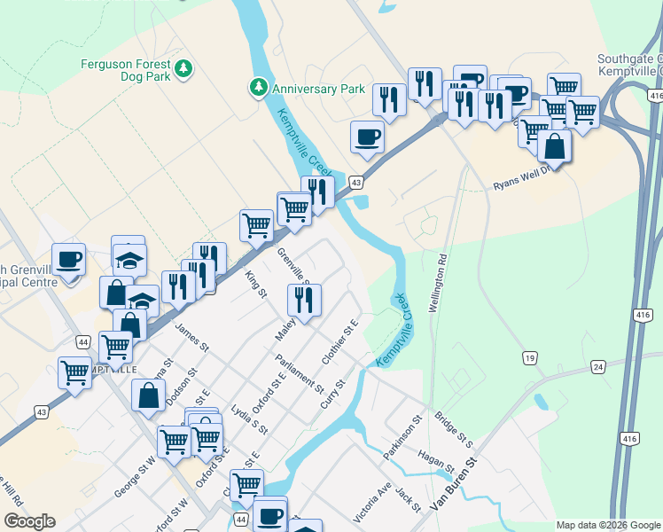 map of restaurants, bars, coffee shops, grocery stores, and more near 741 Maley Street in North Grenville