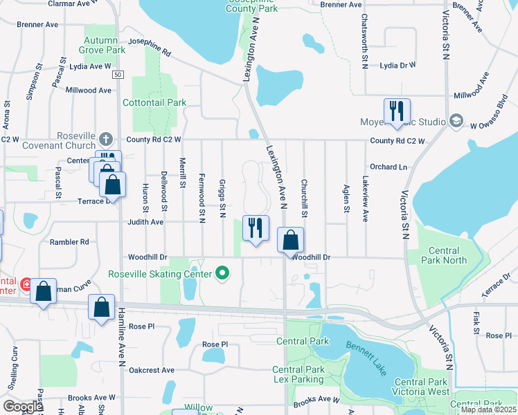 map of restaurants, bars, coffee shops, grocery stores, and more near 2801 Lexington Avenue North in Roseville