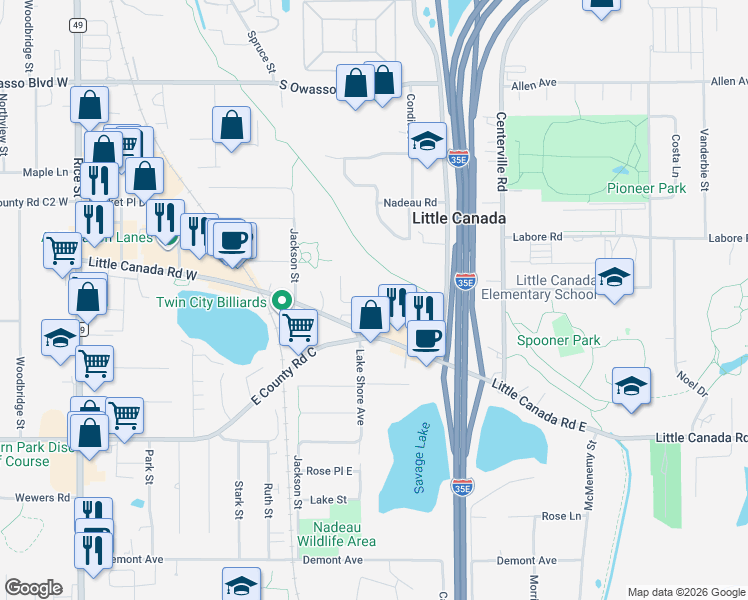 map of restaurants, bars, coffee shops, grocery stores, and more near 181 Little Canada Road East in Saint Paul
