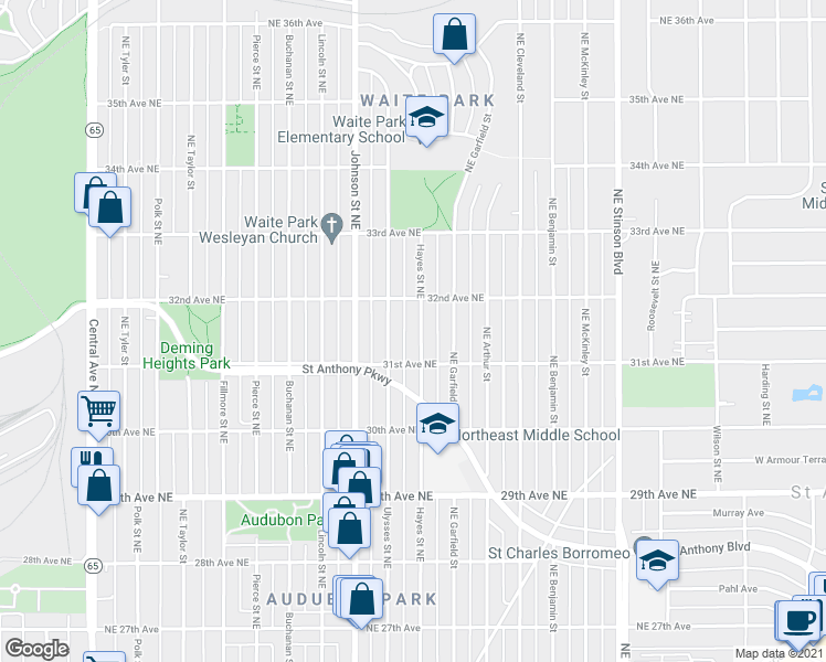 map of restaurants, bars, coffee shops, grocery stores, and more near 3130 Hayes Street Northeast in Minneapolis