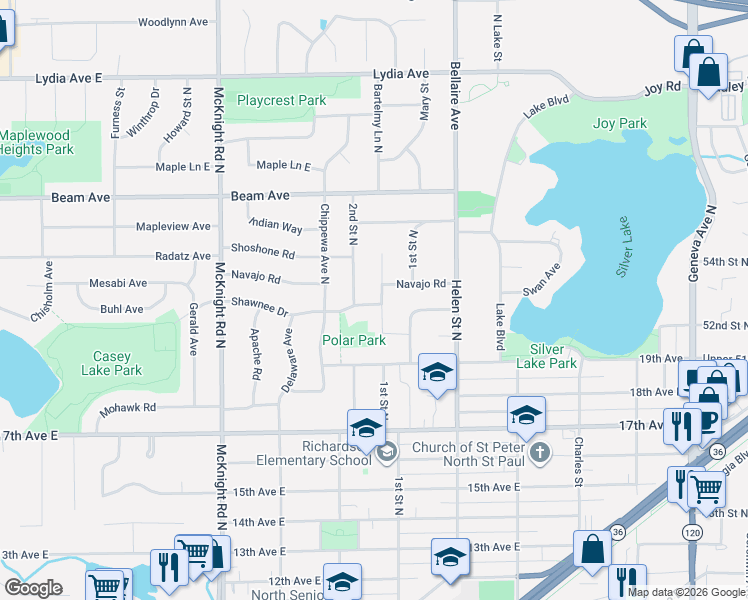 map of restaurants, bars, coffee shops, grocery stores, and more near 2789 Hilltop Court in North Saint Paul