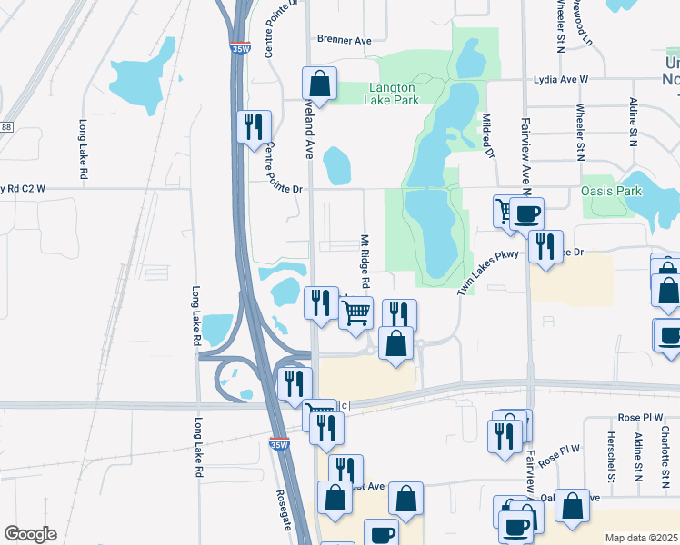 map of restaurants, bars, coffee shops, grocery stores, and more near 2800 Cleveland Avenue North in Roseville