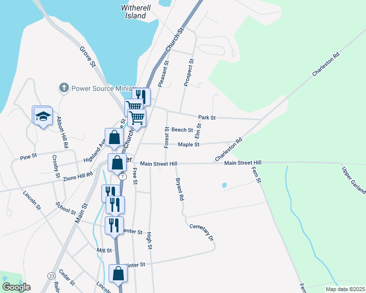 map of restaurants, bars, coffee shops, grocery stores, and more near 40 Maple Street in Dexter