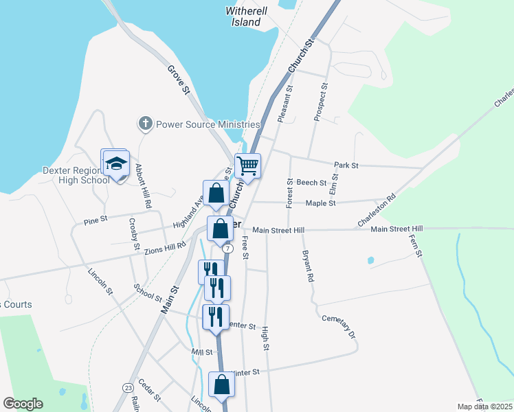map of restaurants, bars, coffee shops, grocery stores, and more near 2 Maple Street in Dexter