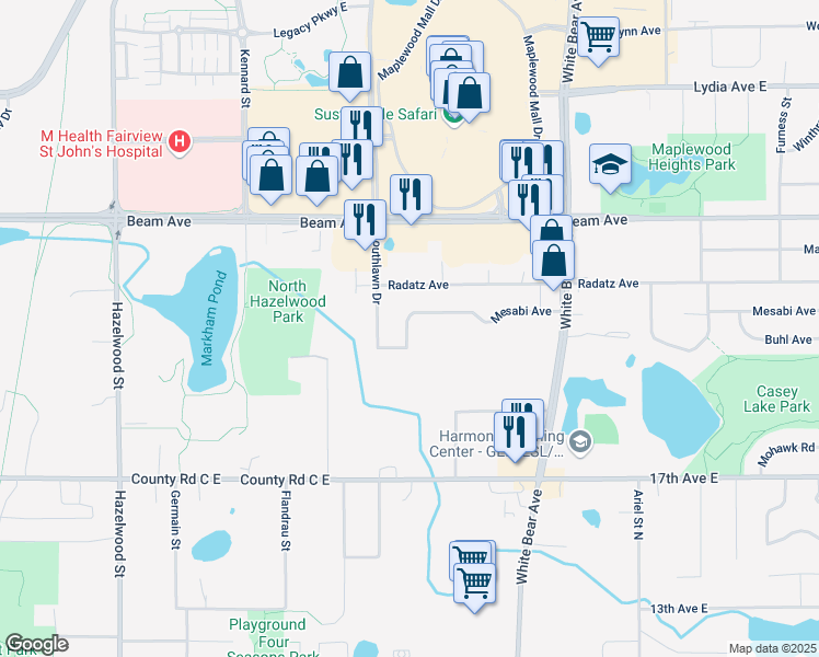 map of restaurants, bars, coffee shops, grocery stores, and more near 3 Mesabi Avenue in Maplewood