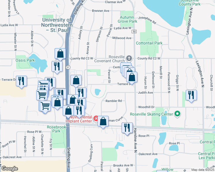 map of restaurants, bars, coffee shops, grocery stores, and more near 1425 Terrace Drive in Roseville