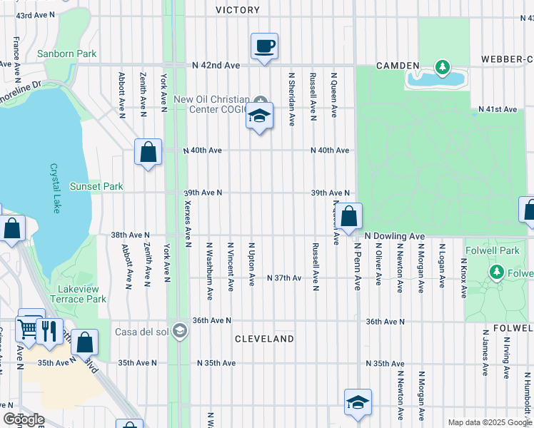 map of restaurants, bars, coffee shops, grocery stores, and more near 3847 North Thomas Avenue in Minneapolis