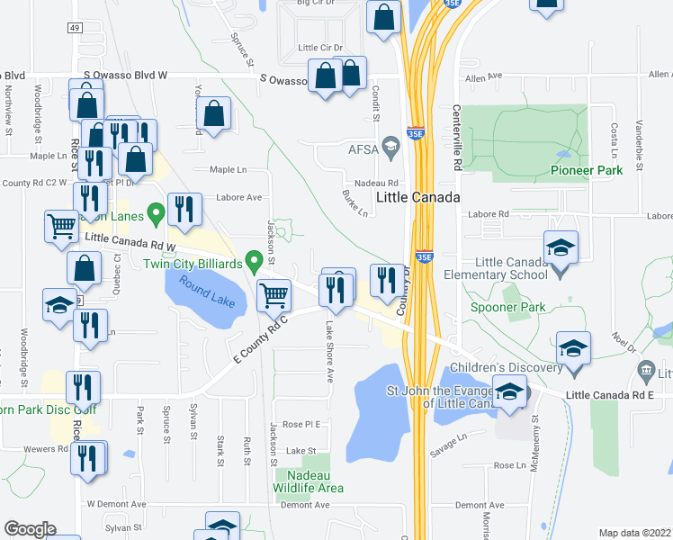 map of restaurants, bars, coffee shops, grocery stores, and more near 179 Little Canada Road East in Saint Paul