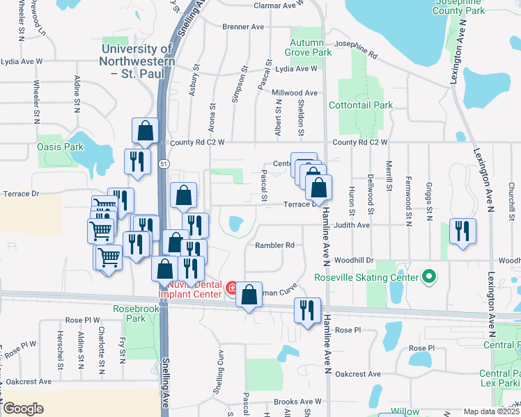 map of restaurants, bars, coffee shops, grocery stores, and more near 1420 Terrace Drive in Roseville