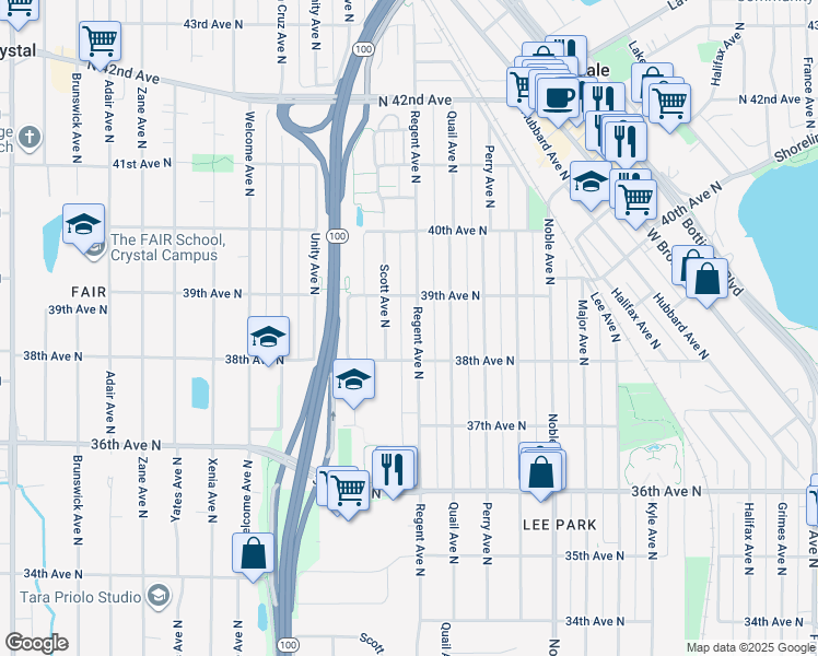 map of restaurants, bars, coffee shops, grocery stores, and more near 3844 Scott Avenue North in Minneapolis