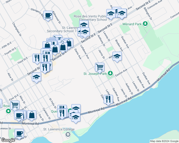 map of restaurants, bars, coffee shops, grocery stores, and more near 160 Danis Avenue in Cornwall