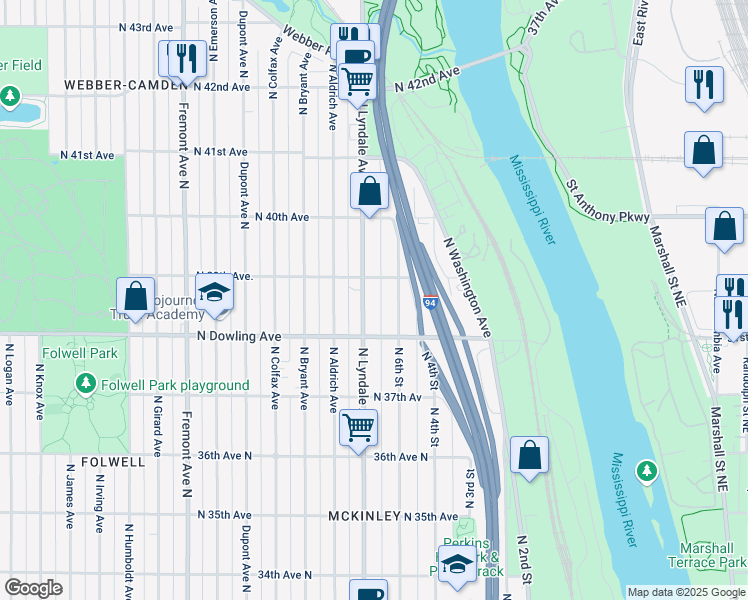 map of restaurants, bars, coffee shops, grocery stores, and more near in Minneapolis