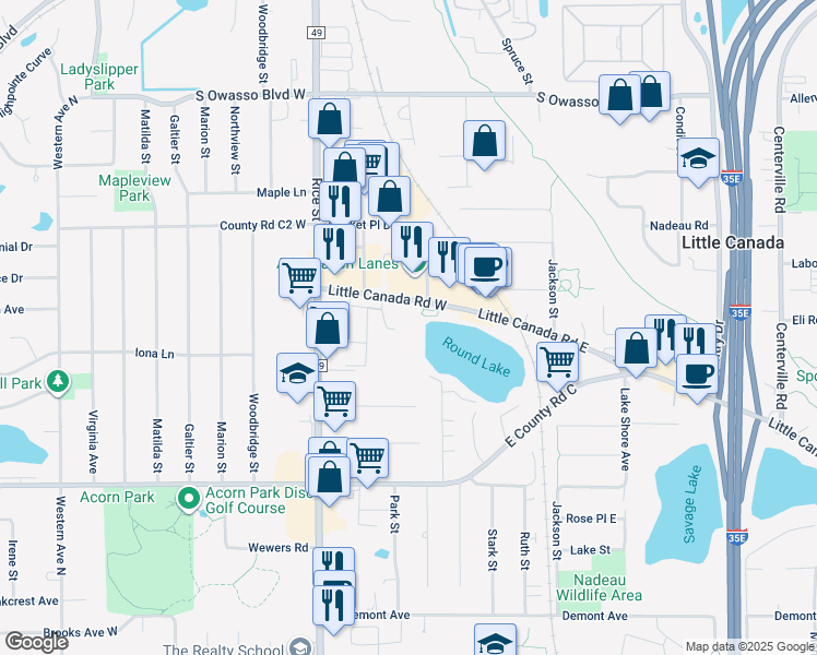map of restaurants, bars, coffee shops, grocery stores, and more near 2800 Rustic Place in Little Canada