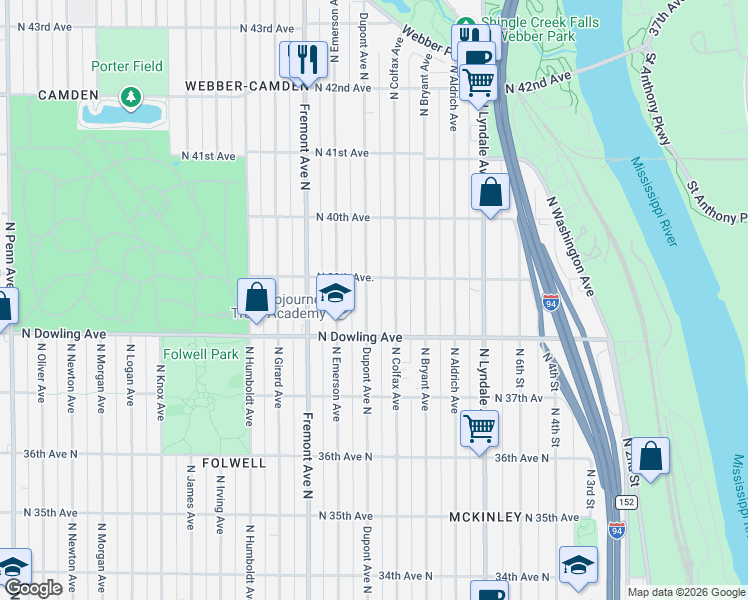 map of restaurants, bars, coffee shops, grocery stores, and more near 3895 North 39th Avenue in Minneapolis