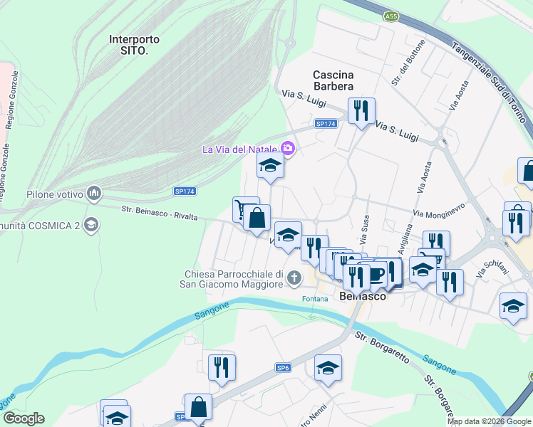 map of restaurants, bars, coffee shops, grocery stores, and more near 19 Via Cristoforo Colombo in Beinasco