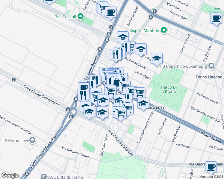 map of restaurants, bars, coffee shops, grocery stores, and more near 32-38 Via Melchiorre Voli in Turin