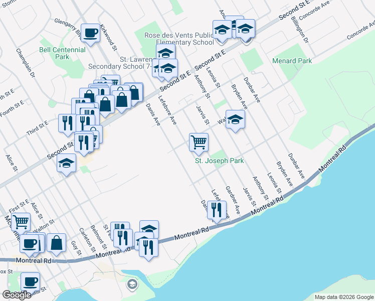 map of restaurants, bars, coffee shops, grocery stores, and more near 100 Lefebvre Avenue in Cornwall