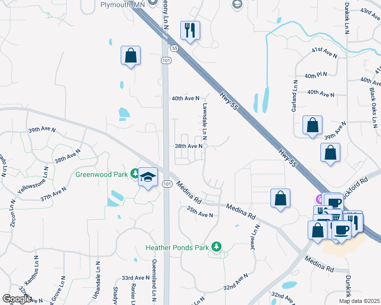 map of restaurants, bars, coffee shops, grocery stores, and more near 17751 38th Avenue North in Minneapolis
