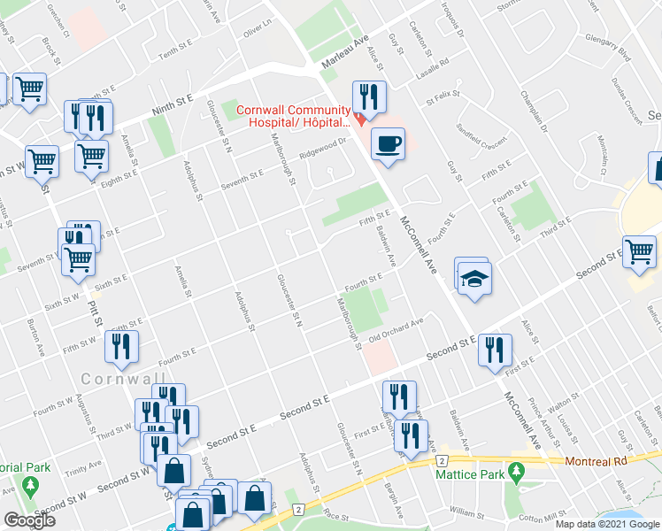 map of restaurants, bars, coffee shops, grocery stores, and more near 409 Marlborough Street North in Cornwall