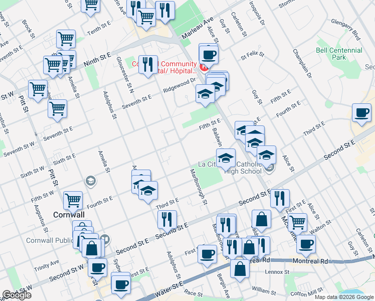 map of restaurants, bars, coffee shops, grocery stores, and more near 409 Marlborough Street in Cornwall