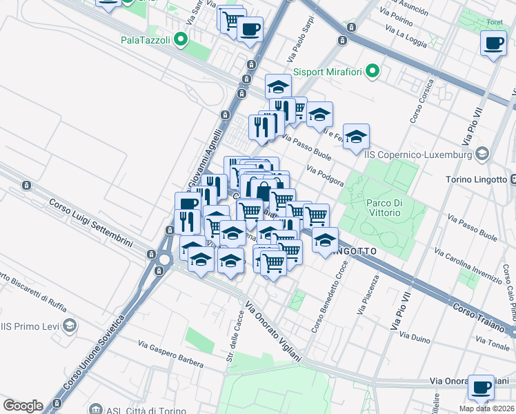 map of restaurants, bars, coffee shops, grocery stores, and more near 38 Via Melchiorre Voli in Torino