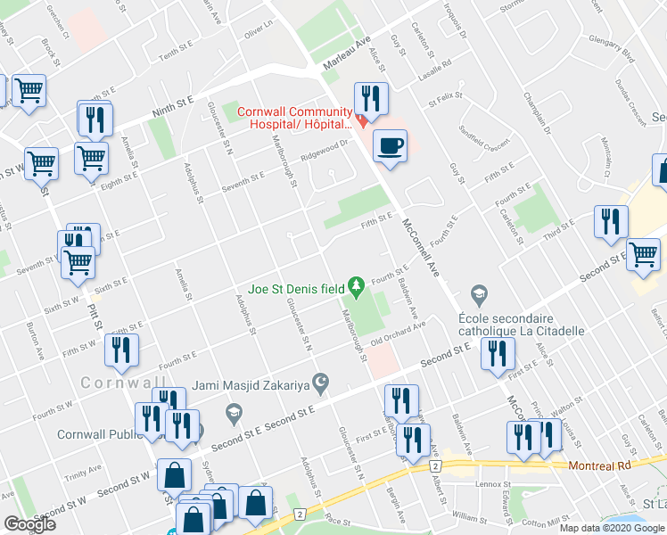 map of restaurants, bars, coffee shops, grocery stores, and more near 409 Marlborough Street in Cornwall