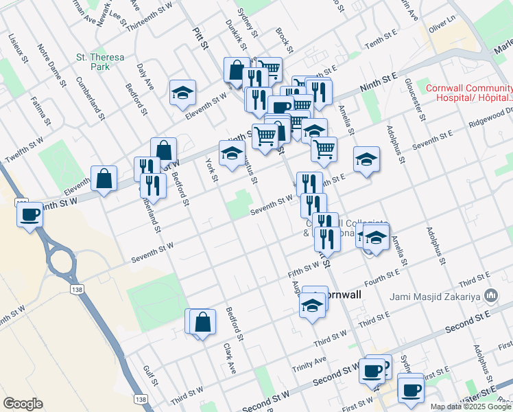 map of restaurants, bars, coffee shops, grocery stores, and more near 107 Seventh Street West in Cornwall