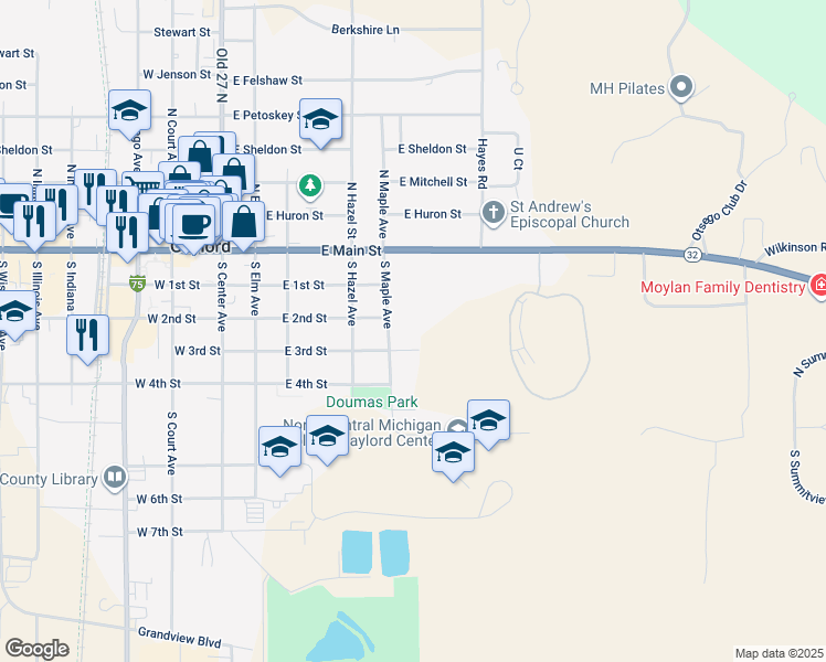 map of restaurants, bars, coffee shops, grocery stores, and more near 515 E 3rd St in Gaylord