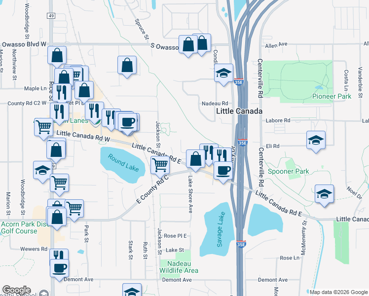 map of restaurants, bars, coffee shops, grocery stores, and more near 153 Little Canada Road East in Little Canada
