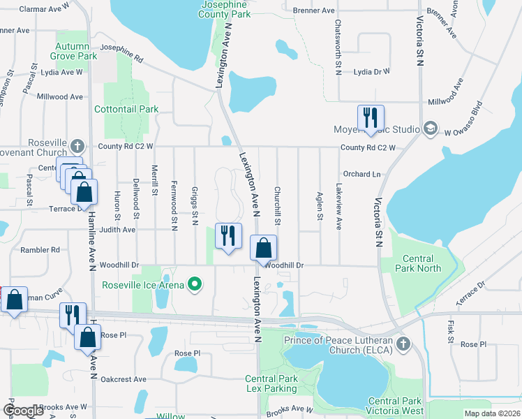 map of restaurants, bars, coffee shops, grocery stores, and more near 2775 Lexington Avenue North in Roseville