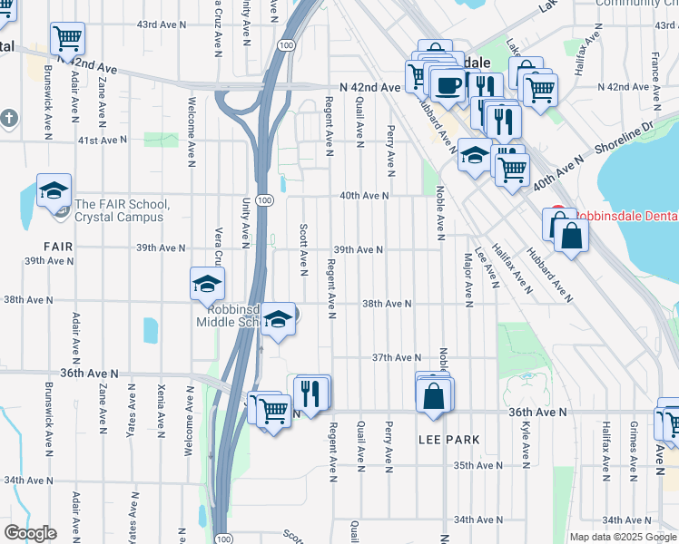 map of restaurants, bars, coffee shops, grocery stores, and more near 3847 Quail Avenue North in Minneapolis