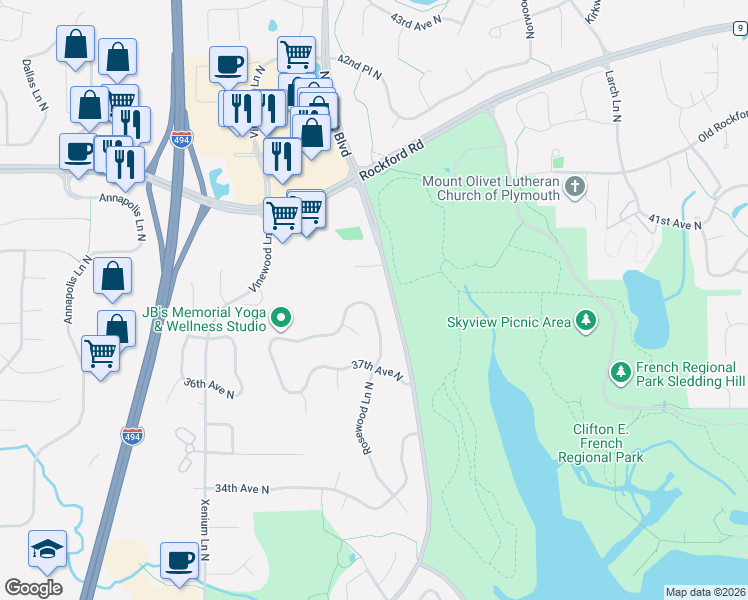 map of restaurants, bars, coffee shops, grocery stores, and more near 3740 Rosewood Lane North in Plymouth